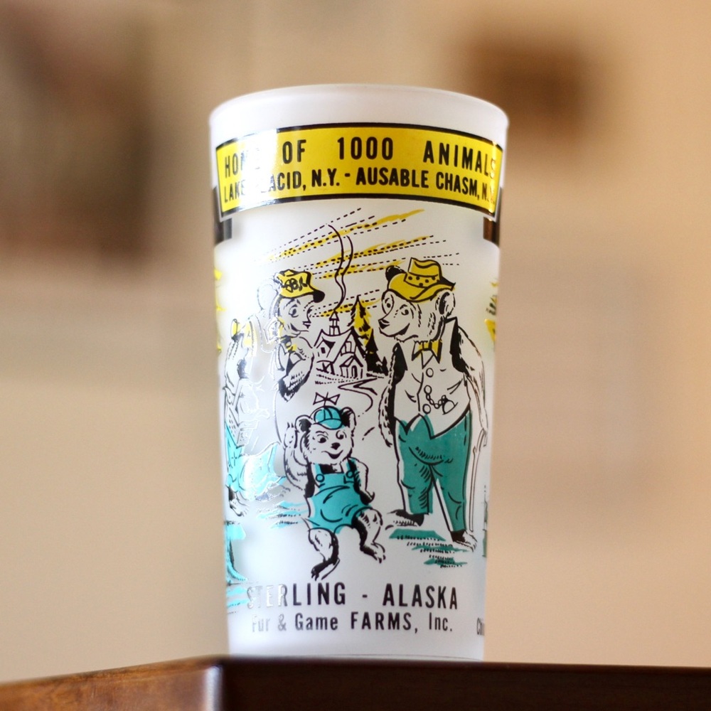 Vintage Hazel Atlas New York Frosted Souvenir Drink Glass “Home of 1000 Animals”